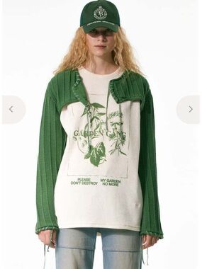 TheOpen Product Green Cropped Tie-Front Ribbed Sweater. Size 2